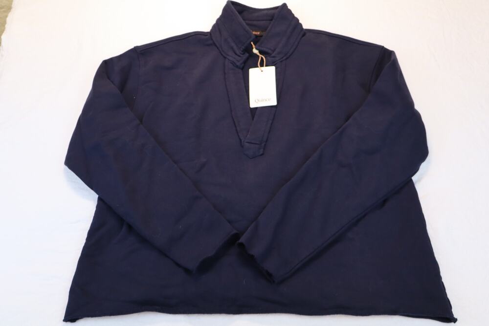 NEW Quince Long Sleeve Polo Top Women's Navy Blue Collared V Neck Size M